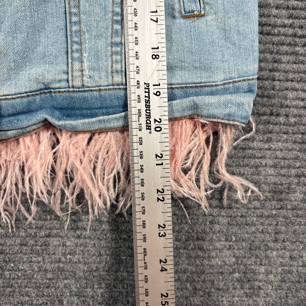 Arizona Jean Co Girls XL 16 Denim Jacket Light Wash Pink Feather Fringe Trim - Picture 4 of 5